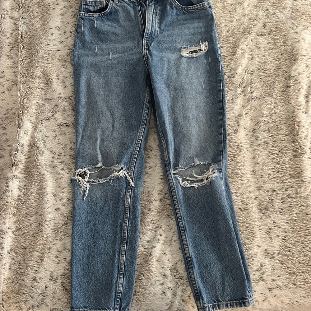 Zara High Waisted Medium Wash Distressed Tapered Leg Ankle Cropped Mom Jeans 4